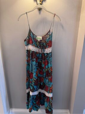 Le Shack Floral Midi Dress with Lace Trim - Teal Multi
